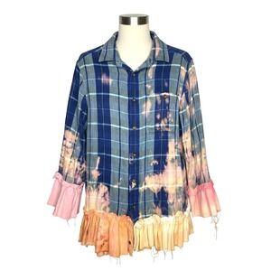 Flash and Trash Upcycled Plaid Bleached Button down ruffle Size Medium fairy